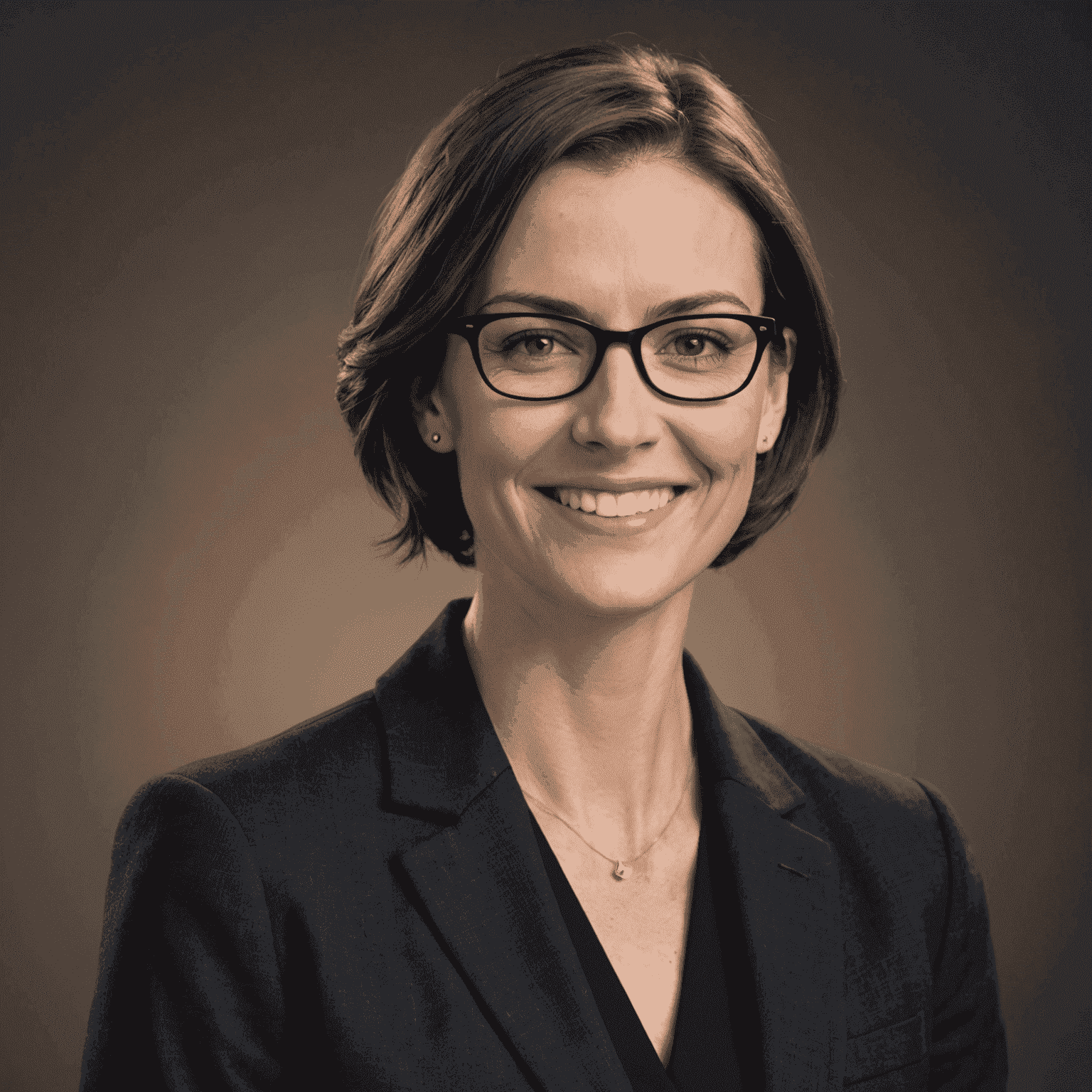 Portrait of Sarah Thompson, a woman in her mid-30s with short brown hair and glasses, wearing a professional dark blazer, smiling confidently at the camera