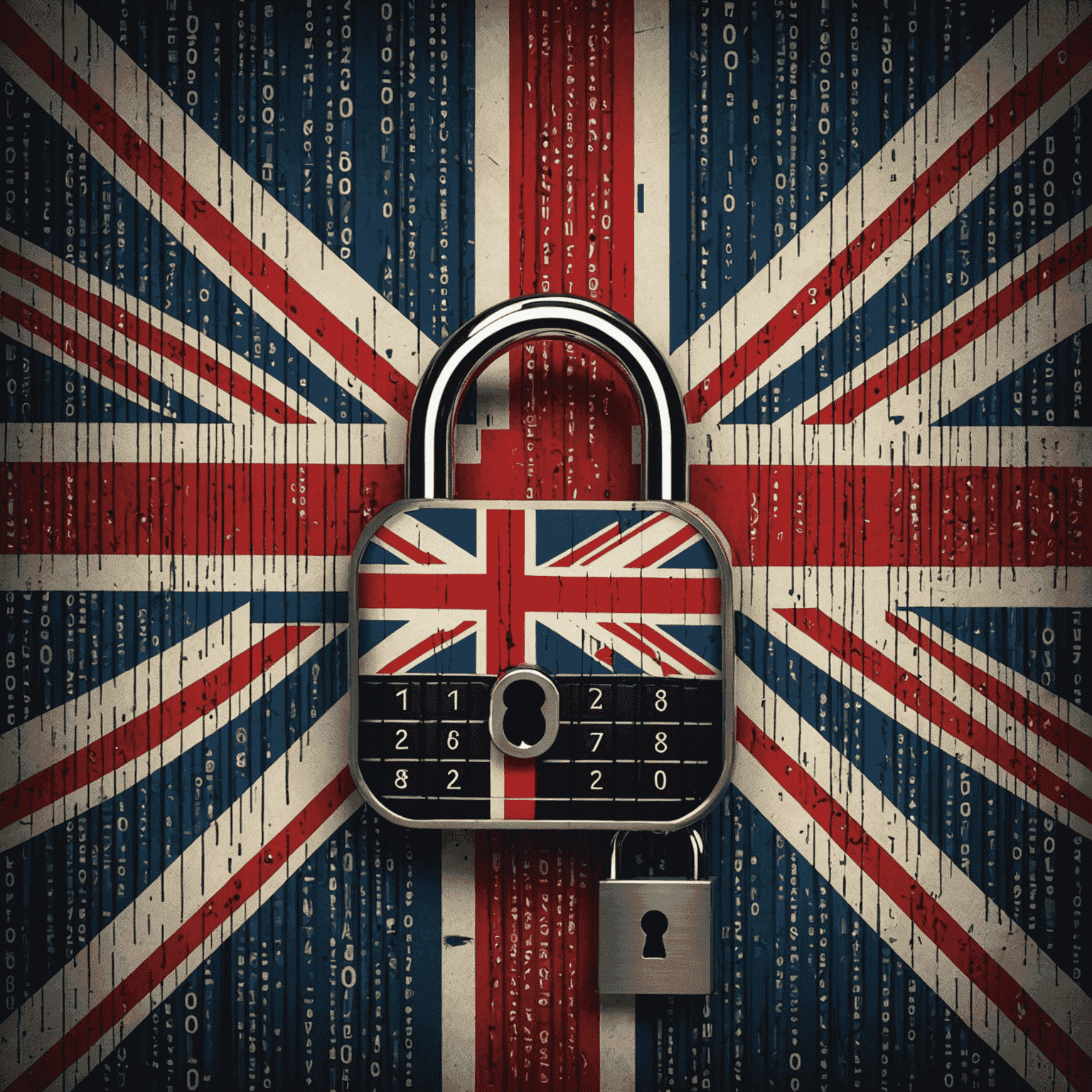 A symbolic image representing digital privacy in the UK, showing the Union Jack flag with binary code overlay and a padlock icon