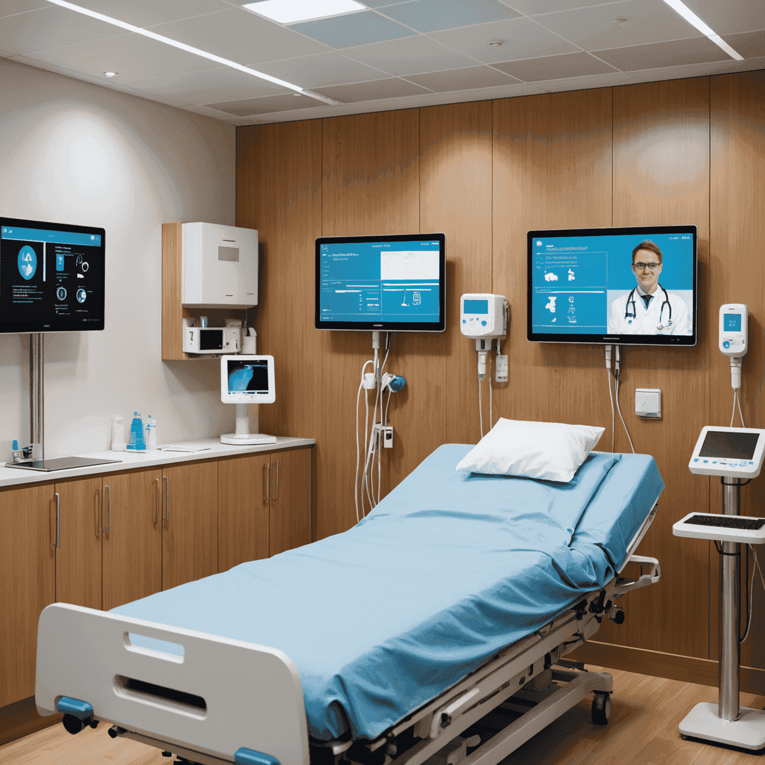 A modern hospital room with advanced digital equipment, including telemedicine screens and electronic health record systems. NHS logo visible in the background.