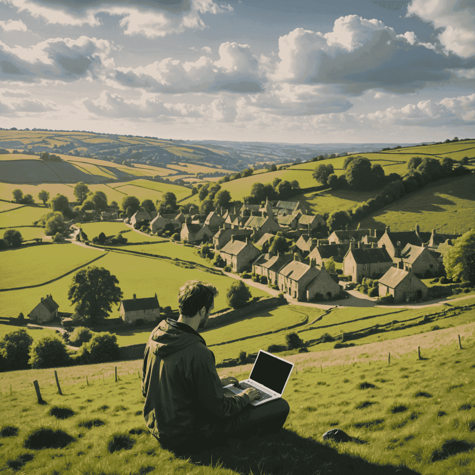 A scenic view of a rural UK village with a person using a laptop on a hilltop, symbolizing the effort to bring digital connectivity to remote areas