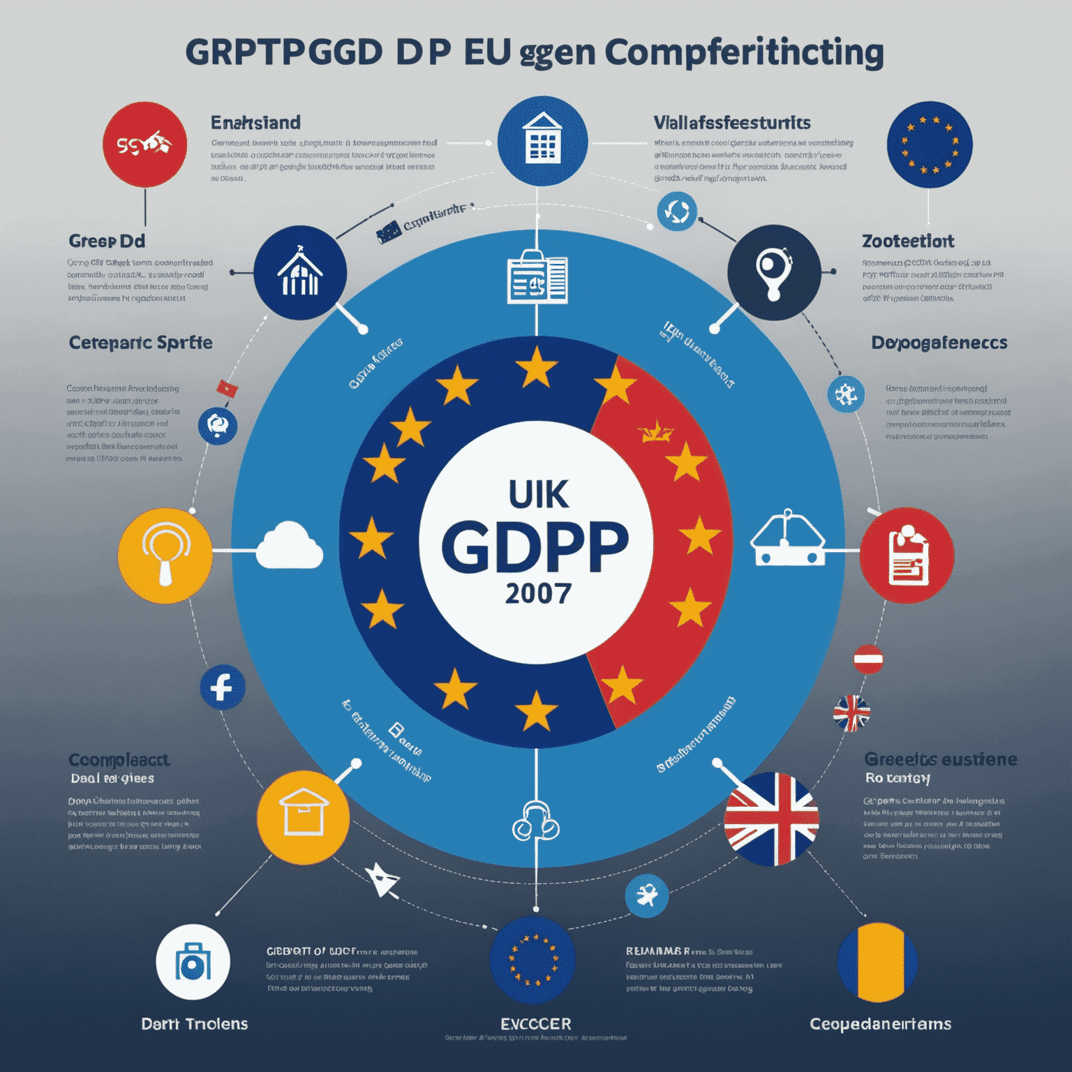 An infographic showing the differences between UK GDPR and EU GDPR, with icons representing key aspects like data transfers, compliance requirements, and regulatory bodies