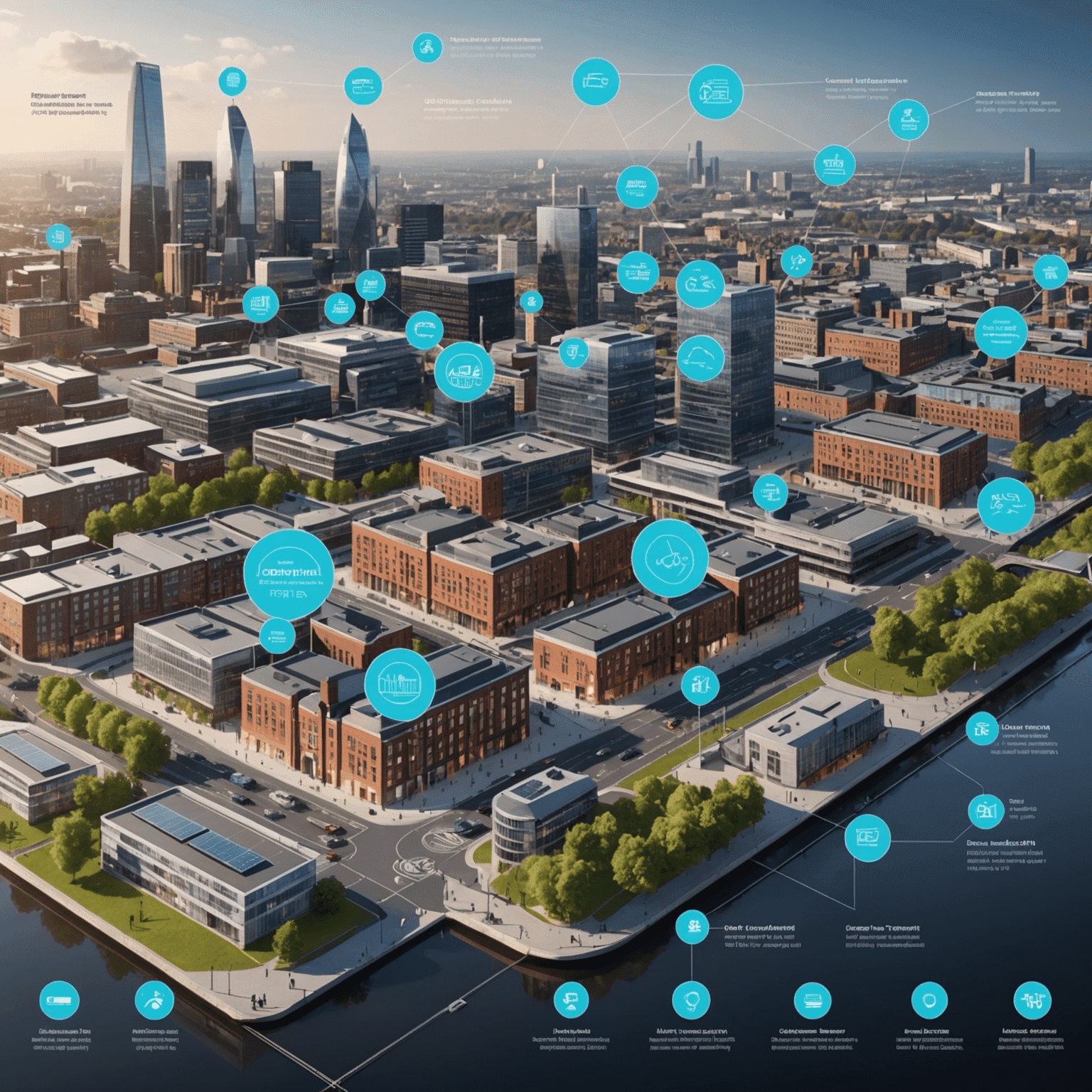 Infographic showing various smart city components such as IoT sensors, data centers, and connected infrastructure in a UK urban setting